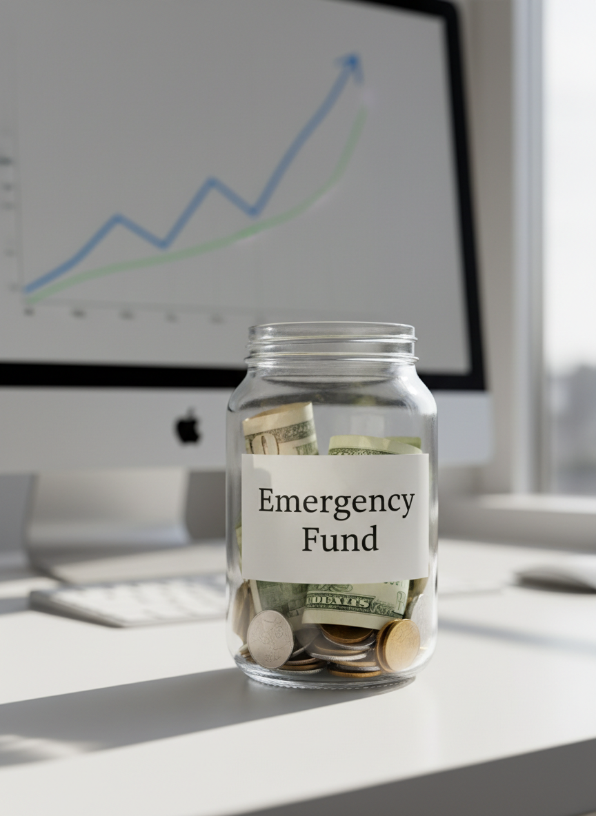 A close-up of a simple, transparent glass jar labeled "Emergency Fund" in a minimalist black font, placed on a smooth white desk. The jar is partially filled with assorted bills and coins, carefully arranged so the contents are clearly visible. In the blurred background, a modern computer monitor shows a softly out-of-focus line graph trending upward in calming blue and green tones. Cool, diffused daylight from a window to the right creates realistic highlights on the glass and coins, with gentle, soft-edged shadows. Photographic realism, eye-level composition with shallow depth of field, professional and reassuring mood emphasizing safety, preparation, and steady financial progress.
