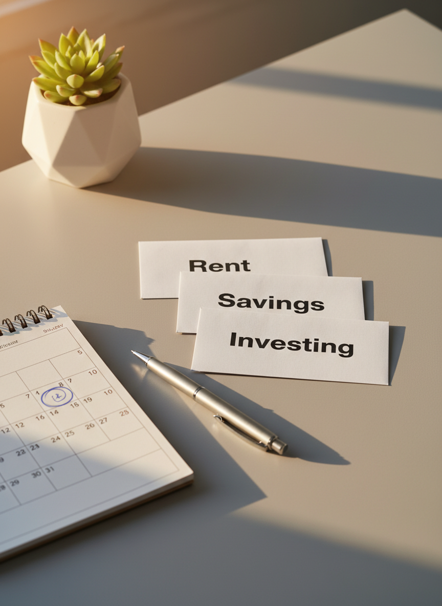 A clean, modern home office desk featuring three neatly stacked white envelopes labeled with bold black text: "Rent", "Savings", and "Investing". Beside them lies a slim metallic pen and a simple monthly calendar pad with a few key dates circled in blue. The desk surface is matte light gray, with a small, elegant green plant in a white ceramic pot at the far corner, slightly out of focus. Warm late-afternoon sunlight streams in from the upper left, casting precise but soft shadows and creating a comfortable, realistic glow. Photographic realism with a rule-of-thirds composition, moderate depth of field, and a calm, organized atmosphere that suggests intentional money management and planning.
