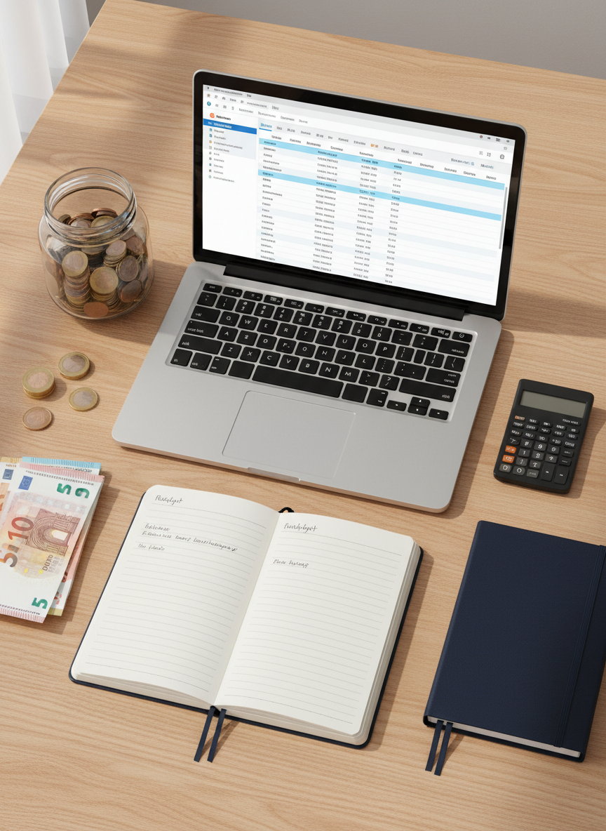 A meticulously arranged flat lay of personal finance essentials on a smooth light oak desk: a sleek silver laptop displaying a clean budgeting spreadsheet, a navy blue hardcover notebook open to a simple handwritten budget, a slim black calculator, and neatly stacked currency in different denominations beside a few shiny coins. A clear glass jar half-filled with coins sits near the top edge. Soft morning daylight from an unseen window to the left creates gentle, realistic shadows and subtle reflections on the laptop and coins. Photographic realism with a clean, modern, professional aesthetic, shot from a true bird’s-eye view with sharp focus throughout, conveying clarity, organization, and calm practicality.