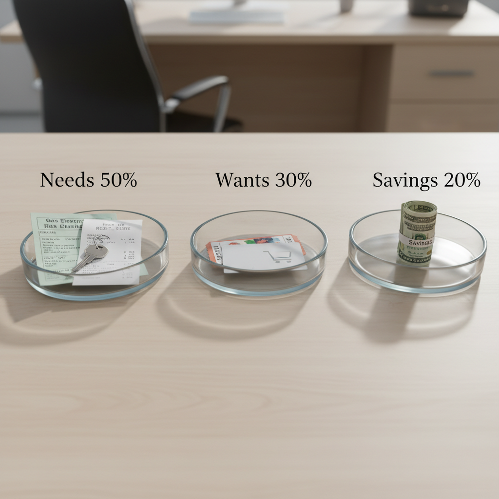 A realistic, high-resolution image of a simple 50/30/20 budgeting breakdown illustrated with three elegant, circular glass dishes on a pale wooden surface. The largest dish, labeled "Needs 50%", is filled with a mix of utility bills, a printed rent receipt, and a small key. The medium dish, labeled "Wants 30%", holds a movie ticket stub and a minimalistic gift card. The smallest dish, labeled "Savings 20%", contains a roll of bills secured with a neat paper band marked "Savings". Soft, diffused daylight from above creates subtle reflections on the glass and gentle shadows. Photographic realism, eye-level composition with balanced framing and a clean, educational, professional atmosphere.