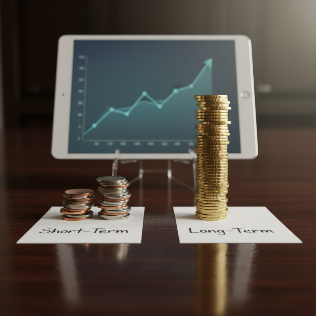 A polished dark wooden table displaying a side-by-side comparison of two investment paths represented by stacks of coins. On the left, a short, uneven stack beside a simple notepad that reads "Short-Term" in neat lettering; on the right, a tall, orderly stack of coins next to a notepad labeled "Long-Term". Behind them, a tablet propped on a minimalist stand shows a clear, upward-trending graph in soft blues and greens. Soft studio lighting from above and slightly to the right creates crisp, realistic highlights on the metallic surfaces and clear shadows, emphasizing height differences. Photographic realism, shot at a slightly elevated angle with sharp focus, professional tone, and an instructive, motivating mood about long-term investing.